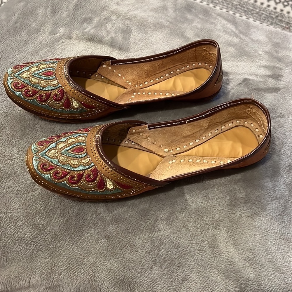 Women Leather Jutti Handmade Khusa Embroidered FlipFlop Shoes Size 8 - Picture 3 of 6